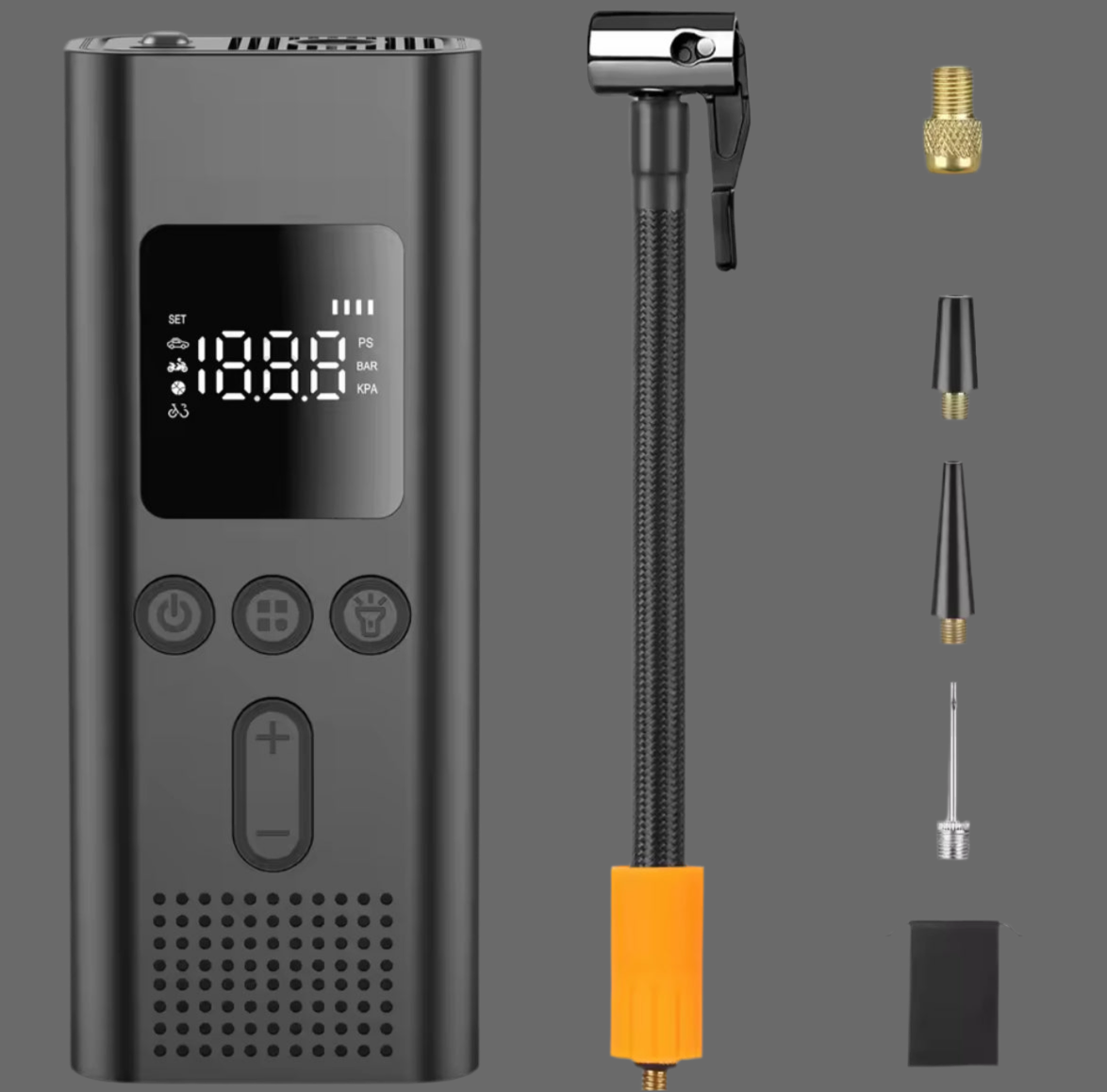 Däckpump med blixtlampa och powerbank 3-i-1